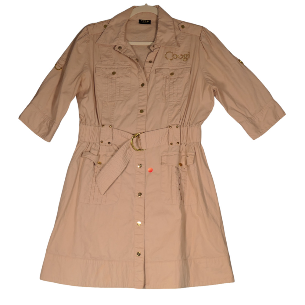 Coogie Safari Mini Dress Womens L Khaki Sequin Tiger Detail Pockets Roll Tab